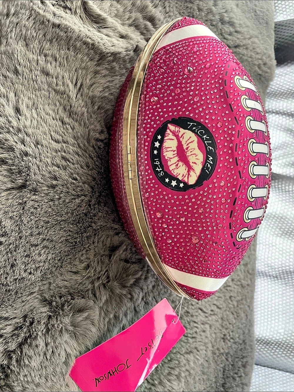Betsey Johnson XOTackle Rhinestone Football Crossbody Bag Clutch Pink & Gold